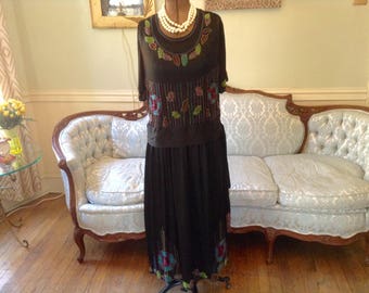 1920s Vintage Heavily Beaded Flapper Dress Black Satin