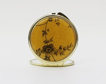 70s Compact Mirror - Vintage 1970s Yellow Floral Hand Mirror