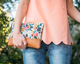 Leather Clutch Purse, Rosa Floral Clutch, Rifle Paper Co Fabric Bag, Bridesmaid Clutch, Neutral Handbag, Floral Evening Bag, Gift for Her