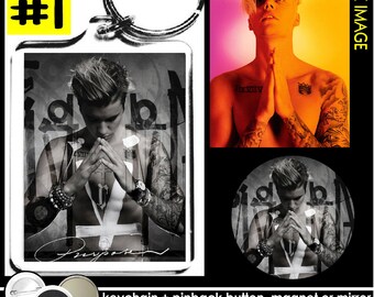 Justin Bieber KEYCHAIN + BUTTON or MAGNET or pocket mirror keyring pinback the key ring beiber purpose tour badges nude shirtless pins #1423