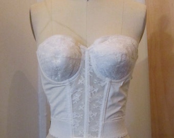 Vintage 1950's Ivory Lace Strapless Longline Low Back Bra Size 32 B