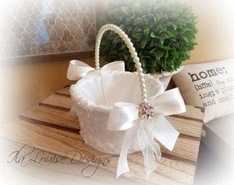 Flower Girl Basket, Ivory Lace Flower Girl Basket, Flower Girl Basket, Satin Flower Girl Basket