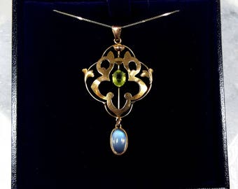 Antique Art Nouveau 9ct Gold Dainty Moonstone Peridot Lavalier Pendant Necklace