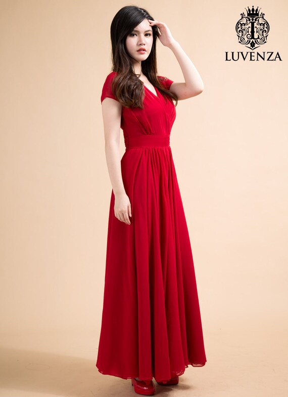 Items similar to Ginger Yellow Maxi Dress with V Neck & Waist Yoke Red