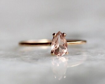 14K Morganite Ring, Pear Morganite Ring, Solitare Ring, Morganite Engagement Ring, Stacking Ring, Minimal, Pink, Blush Stone