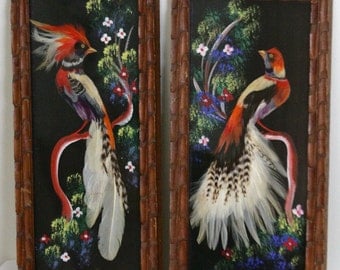 Set of 2 Vintage Mexican Feather Craft Bird Pictures from New Mexico, Hand Painted Background, Exotic Bird Feathers, Mid Century Folk Art