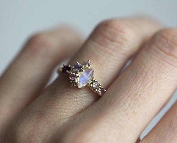 Moonstone Cluster Ring Gold Cluster Ring Violet Engagement