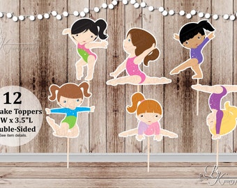 Girls Gymnastics Party - Set of 12 Assorted Girl Gymnast Double Sided Cupcake Toppers