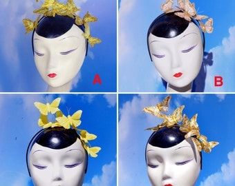 Gold & Yellow Glitter Feather Butterfly Butterfly Headband Fascinator - Great for Easter, Church, Weddings, Parties, Derby, Ascot