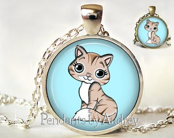 Cat Necklace,Cartoon Cat Pendant,Kitten,Gift for Little Girl,Cat Picture Pendant,Cat jewelry,Jewellery,Gift,Art, Photo,Cute