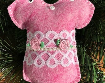 Wool Felt Rose & Lace Onesie Ornament Hanger in Pixie Pink