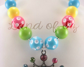 Colorful Princess Crown **ON SALE** Tiara Pendant Bubblegum Chunky Necklace