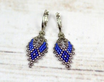 Seed bead earrings blue earrings beaded jewelry beadwork earrings leaf earrings everyday earrings boho earrings rustic jewelry gift for wife