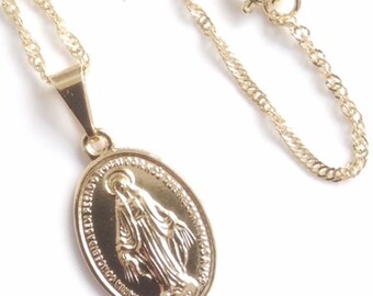 Gold Miraculous Medal Necklace Virgin Mary Necklace Tiny Gold plated Chain Catholic Jewelry Religious Gift Blessed Mother Religious Medal