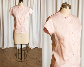 Swiss Miss blouse | vintage 60s blouse | pink cotton buttondown blouse | vintage 1960s blouse | pink embroidered blouse | 1960s pink top