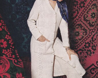 Womens aran midi coat vintage knitting pattern pdf INSTANT download pattern only pdf 1970s 32 34 and 36 inches