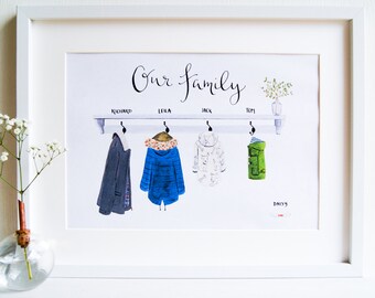Custom Illustrated family art print // Family portrait // Raincoats