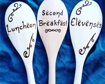 Hobbit Meal Times - Second Breakfast, Elevenses, Luncheon - Lord of the Rings Wooden Spoons, Christmas, Three Woodburned Spoons, wedding