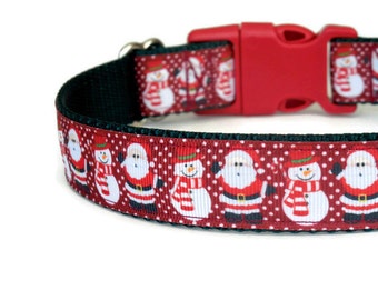Red Santa Claus and Snowmen Dog Collar - Christmas Dog Collar (Buckle or Martingale)