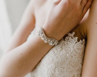Silver Bridal Cuff | Wedding Bracelet | Silver Pearl Bracelet | Crystal Bridal Bracelet | Wedding Cuff | Silver Adelaide Cuff