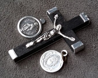 Pocket Size Catholic Crucifix Pendant & 4 Charms, Porte Bonheur French Crucifix Rosary, Italian Religious Charms, Virgo Maria Holy Medallion