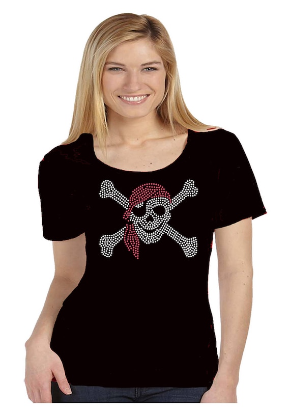 Pirate Skul Rhinestone Womens Scoop Veterans Bling Tee Shirt