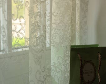 STELLA' Stunning French Embroidered Light Ivory Color Continuous Lace Full Lenght Net Curtain Sale By the Yard or Made To Order