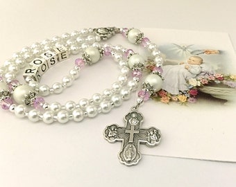 Baptism Rosary. Baby Rosary. White and Pink Rosary. Christening Rosary. Girl Rosary. First Communion Rosary. Catholic Rosary. #R136