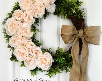 Blush Pink Rose Wreath | Spring Wreath | Front Door Wreath | Romantic Wreath | Farmhouse Wreath Decor | Wedding Wreath | Housewarming Gift
