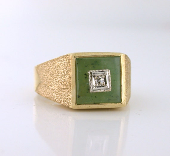 Bold Alaskan Jade with Diamond Ring 10k. Made in Alaska. Circa 1945