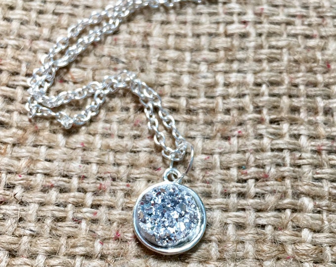 Silver Gem Necklace, Faux Druzy Necklace, Druzy Charm Necklace, Round Druzy Necklace, Silver Druzy Pendant, Gemstone Necklace, 12 mm Druzy