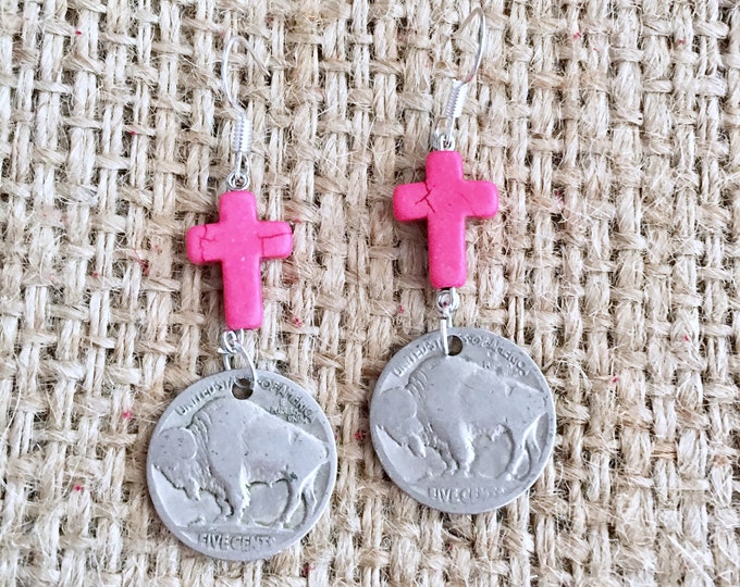 Pink Cross Earrings, Buffalo Earrings, Buffalo Nickel Drops, Howlite Earrings, Stone Cross Earrings, Buffalo Nickel Earrings, Coin Earrings