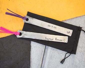 6th ANNIVERSARY GIFT Bookmark//Personalised iron gift//hand stamped message// faux suede leather cord//Engraved Bookmark for her//for wife