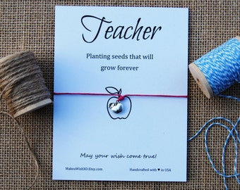 Teacher Gift ~ Apple Charm Wishing Bracelet Cotton Waxed Cord Inspirational Gift ~ Wish Bracelet ~ Gift for Teacher Card Inspirational Card