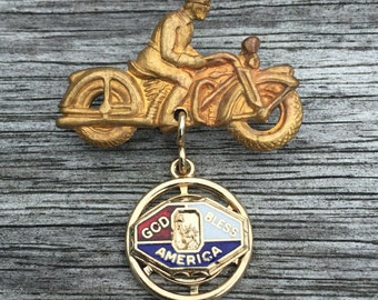 Genuine, Vintage HARLEY DAVIDSON Motorcycle, Sweetheart Pin, Enamel 1940's, Patriotic Jewelry - Lapel Pin God Bless America