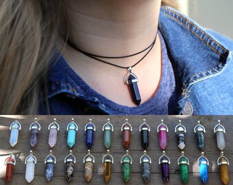 CRYSTAL CHOKER NECKLACE: Healing Crystal Necklace, Boho Crystal Choker, 90s Crystal Choker, Black Crystal Choker, Leather Choker Necklace