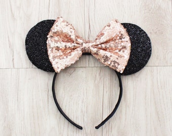 Rose Gold, Minnie Mouse Ears, Gold Disneyland Ears, Gold Sequin Bow, Mickey Mouse Ears, Minnie Ears, Mickey Ears, Disney Ears, Disney World