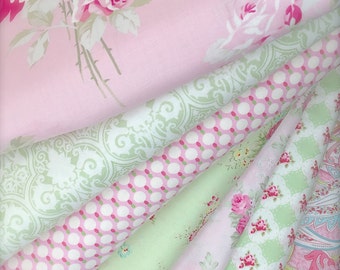 Coordinated Mix Fabrics for Shabby Chic Sewing Kits Summer Boutique Clothing Home Decor Sewing in Pink, Green and Ivory Sold in Half Yards
