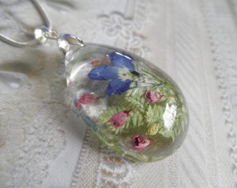 Blue Lobelia, Pink Heather, Frosted Ferns Glass Teardrop Dimensional Pressed Flower Pendant-Gifts Under 35-Symbolizes Loyalty, Admiration