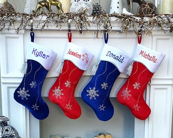 Personalized Christmas Stockings Snowflake Bling Red White Silver Blue