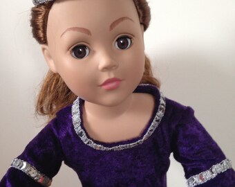 Medieval dress (maroon or green), fits American girl, 18 inch doll, with crown and chain belt, handmade