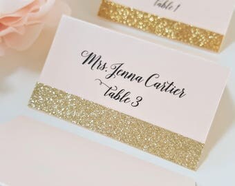 Gold Glitter Wedding Place Cards, Blush and Gold Place Card, Seating Cards, Name Cards, Blush and Gold Glitter Placecards, FREE SHIPPING