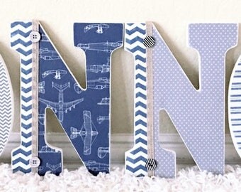 Custom Boy Nursery Letters, Wooden Letters, Wall Hanging Letters, Vintage Airplane Theme , Personalized Name- The Rugged Pearl