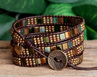 Tile Beaded Leather Wrap Bracelet, Green Bronze Miyuki Bead Tila Wrap, Tila Bead Bracelet, Bohemian Wrap Bracelet, Boho Artisan Bracelet