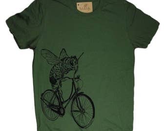 Funny Graphic Tee - Mens T Shirt - Military Green T Shirts - Crew Neck Tees - Honey Bee Tee Shirts - Bee on a Bike S M L XL 2XL