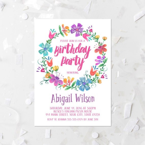 Floral Wreath Girls Birthday Invitation Printable Floral
