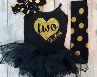 2nd Birthday Outfit Girl, First Birthday Outfit, Black and Gold Birthday Outfit, Black and Gold Tutu Set, Personalized Birthday, Girls Dress