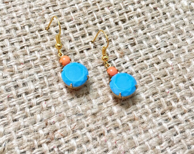 Jewel Drop Earrings, Coral Drop Earrings, Czech Glass Stones, Vintage Earrings, Turquoise and Coral Earrings, Mid Century Modern Style