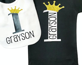 Baby Boy First Birthday Outfit, 1st Birthday Prince, Personalized Birthday Bib, Black and gold Birthday Outfit, Prince Birthday Party Outfit