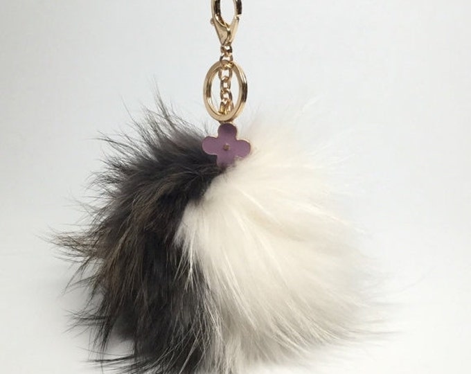 Grand Duo Dark Gray/White Raccoon Fur Pom Pom luxury bag pendant flower clover charm keychain bag charm